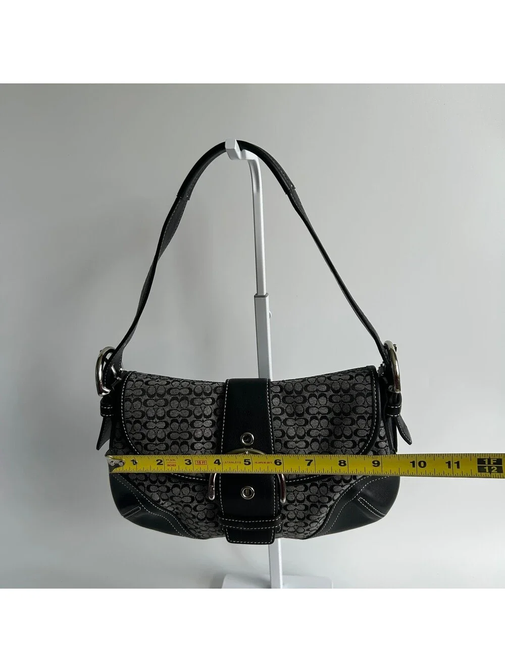 Coach Soho Black Grey Signature Monogram Shoulder Bag Leather Trim Buckle Purse